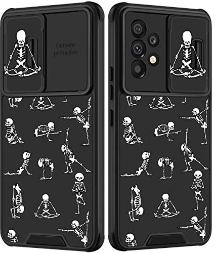 Goocrux Schutzhülle für Samsung Galaxy A53 5G, Totenkopf für Frauen und Mädchen, Skelett, Yoga, niedlich, Horror, Handyhülle, schwarz, Gothic-Design, ästhetisch, mit Schiebe-Kamera-Abdeckung, lustige