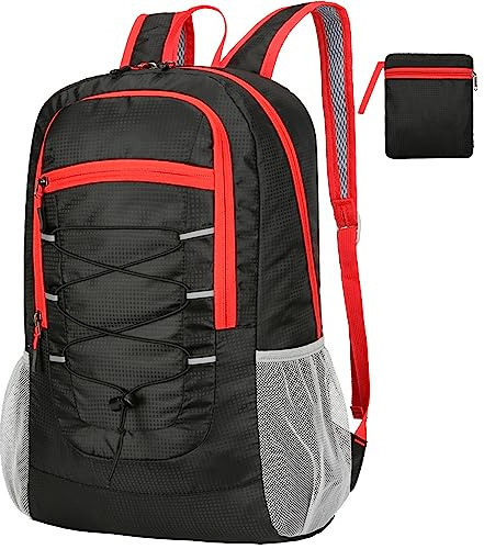 Alitifiy Lightweight Foldable Backpacks, 30L Packable Waterproof Small Hiking Bags & Packs Knapsack Daypack Handy for Men Women Ladies Kids Travel Camping Outdoor Rucksack Bag Pack (Black Red-2)
