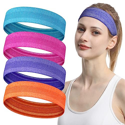 LOPHE Sport Haarband, 4 Stück Stirnband Damen und Herren, Schweißband Stirn Sommer, Double Sided Feuchtigkeit Wicking rutschfest Headband, Haarbänder für Yoga, Laufen, Radfahren(4 PCS–Farbe)