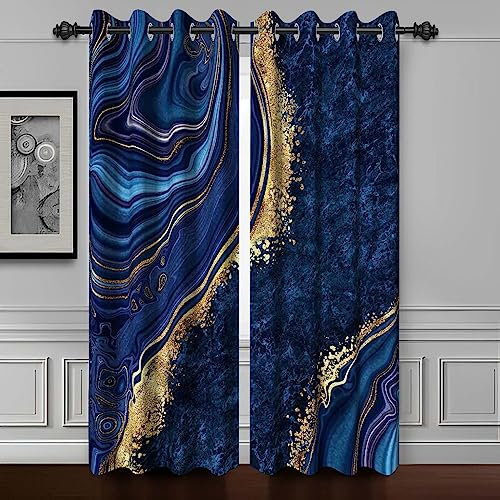 Baocicco Verdunkelungsvorhänge für Schlafzimmer, Kunst, flüssige goldene Textur, Marmor-Vorhänge für Wohnzimmer, blau, gewellt, luxuriös, goldfarbenes Design, Ösen, 2 Paneele, 107x213 cm