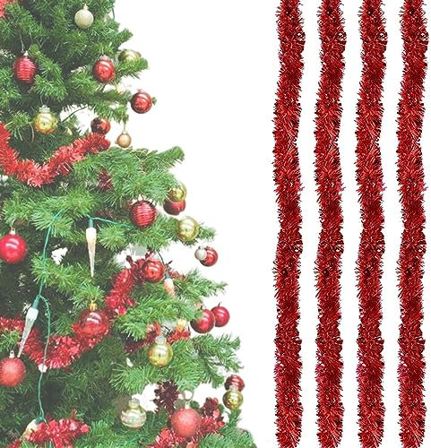 4 Stück Weihnachtsbaum Lametta, Lametta Glänzend Girlande, Weihnachten Lametta Glänzend, Metallisch Glänzend Girlande, Hängende Dekorationen, Für Weihnachtsbaumschmuck Weihnachtsfeier, Je 2m, Rot