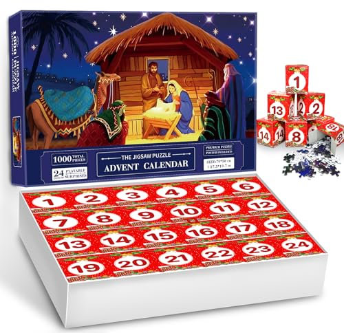 Adventskalender 2023 Puzzles für Kinder Erwachsene 1000 Teile, 24 Tage Weihnachts-Countdown-Kalender, lustige Xmas Familienspiel Geschenkidee, die Geburt Christi Urlaub Puzzles 27,5 x 50 cm