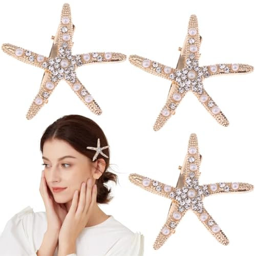 Seestern-Haarspangen 3er-Pack mit Diamanten und Perlen, Meerjungfrau haarschmuck, Accessoires für meerjungfrau Mädchen, Blumenmädchen und Hochzeiten.