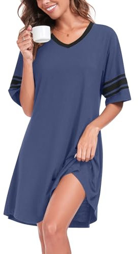 YVH Women's Nightdresses Nightshirt V Neck Nightwear Casual Nighties Sleepwear Short Sleeve Nightgown Night Dress Loungewear Pajama, Navy Blue, XL