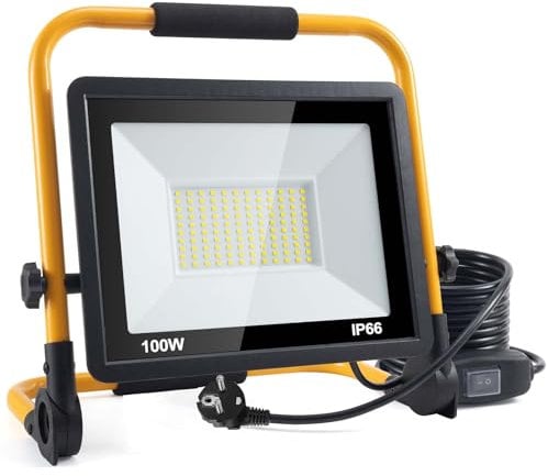 LED Baustrahler, 100W 10000LM Arbeitsleuchte, LED Arbeitsleuchte mit Stecker, IP66 Wasserdicht Baustrahler mit 4M Kabel, Tragbar für Werkstatt oder Baustelle,Garage Strahler