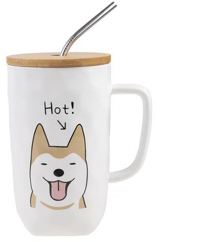 lachineuse - Mug Chien Collection DOG - Happy Dog - Tasse en Porcelaine - 600 ML - Avec Couvercle, Paille et Cuillère - Café, Thé, Chocolat Chaud - Idée Cadeau Originale