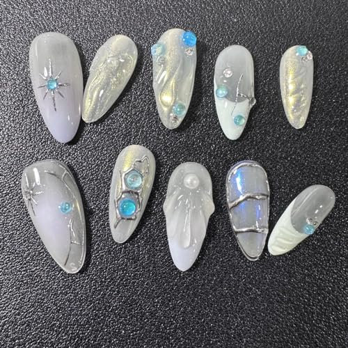 3D White Celestial Stars Jelly Medium Almond Handmade Press on Nails for Women Girls,Kawaii Long Lasting Aesthetic Gel Reusable Fake Nails, Design Thick Strong Acrylic Nails 10pcs (M)