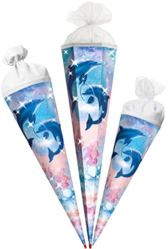 alles-meine.de GmbH Schultüte mit Glitzer - Effekt ! Delfine - Unterwasser 35-100 cm Größe wählbar mit Holzspitze Zuckertüte - Tüllabschluß - Filzabschluß - eckig -..