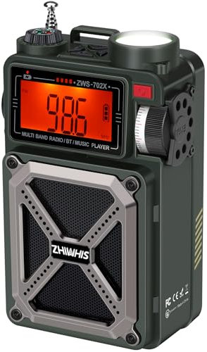 ZHIWHIS Radio de onda corta con Bluetooth, AM/FM/SW/NOAA, radios de emergencia meteorológica, manivela de mano/solar/4000 mAh/SOS/ruido blanco/bajo/linterna/receptor retro con preestablecido