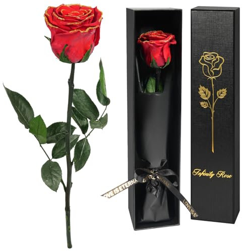 Yamonic Rose Eternelle Cadeau Femme,Vraie Rose avec Tige Cadeau Maman Fleur Préservée en Coffret Cadeau Fleur Eternelle Cadeau Anniversaire Femme,Cadeau pour Noel Saint-Valentin Femme,Rose Rouge