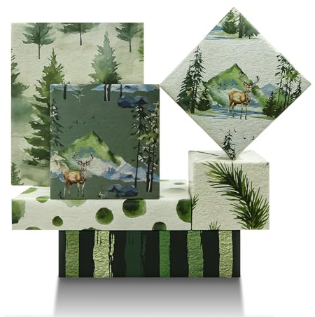 Geschenkpapier Weihnachten Grün,Xmas Rentier Wrapping Paper 6 Blätter 6 Designs,Weihnachtswald Zeder Verpackungspapier Für Frohe Weihnach Neujahr Baby Dusche Scrapbook DIY Handwerk
