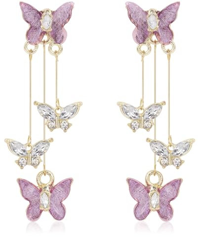 Butterfly Earrings, Shiny Cute Earrings for Women Purple Silver Dangle Earrings Silver Butterfly Jewelry Perfect for Dressing Up for Family Friends Lovers