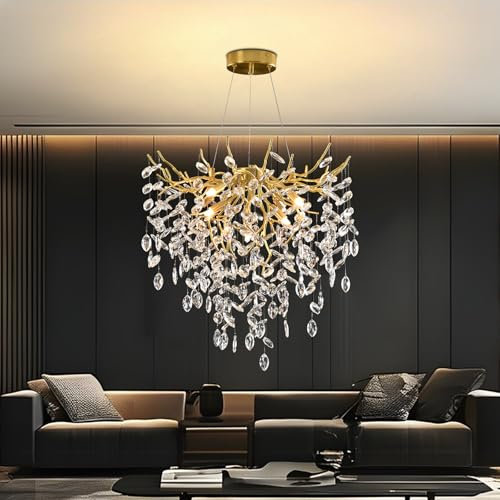 Modern Kronleuchter Kristall Golden, Luxus Raindrop Pendelleuchte, Rund Kristall Hängeleuchte Light Fixture, Luxury Tree Branch Kronleuchter für Kücheninsel, Esszimmer, 60cm