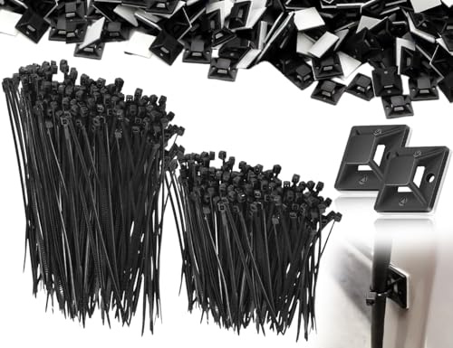 Lhbwhiz 200 pezzi set fascette,supporto base autoadesivo,base adesiva di fissaggio cavi,supporto fascette,supporto cavi,base porta cuscinetti adesivi,base di fissaggio morsetti cavi,per casa(nero)