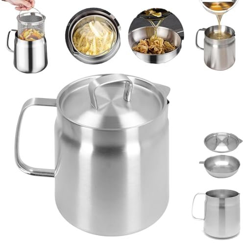 Yunir （Filter not included） 304 Stainless Steel Oil Filter Pot, Oil Separator with Filter Cover, Large Capacity Oil Filter Vessel Bacon Grease Container, Frying Net Tank for Kitchen Frying (1.5L)
