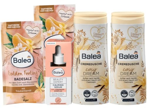 Balea 4er-Set Körperpflege: GOLDEN FEELING Badesalz mit Mandarinen-Duft (2 x 80 g), 160 g + Beauty Expert CALMING SERUM beruhigt & regeneriert (30 ml) + COSY DREAM Cremedusche Vanille (300 ml), 330 ml
