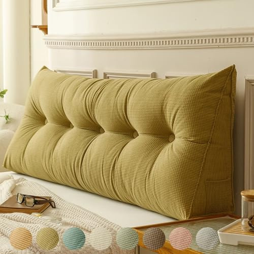 Rückenkissen Bett Gelb 200cm, Groß Lesekissen für Bett und Sofa, Cord Bettkissen Rückenlehne Rückenpolster Keil Kopfteil Kissen, Dreieckige Rückenstützkissen Keilkissen Lendenkissen Kopfkissen