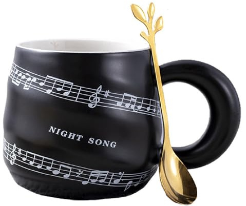 Huiyiwert Porzellan Kaffeebecher mit Löffel Musiktasse Musikmotiv bedruckt Kaffeetasse 340ml Frühstückstasse Trinkbecher Geschenk Tasse Milchbecher für Musikliebhaber Musiker (Schwarz)