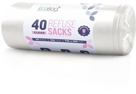 EcoBag - 40 Pack Heavy Duty White Bin Liners - 100L - 22 Microns - Extra Strong, Leak-Proof, Tear-Resistant Bags for Kitchen, Home & Office (736x965mm)