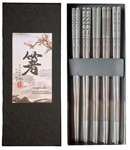 Metal Chopsticks Reusable Titanium Plated, Stainless Steel Chop Sticks, 5 Pairs Reusable Metal Chinese Chopstick, Dishwasher Safe, Lightweight Square Design, Silver Japanese, Gift Box Set