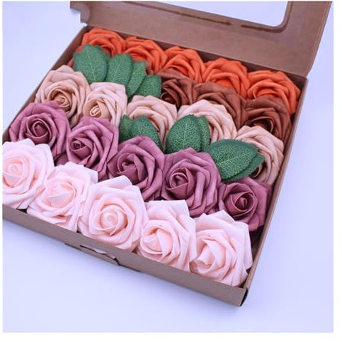 GLigeT Fleurs Artificielles Roses Blanches artificielles en Mousse PE, 25 pièces/boîte, 7-8cm, Bouquet de Fleurs for mariée, décoration for fête de Mariage Fleurs Artificielles Deco(Orange Pink)