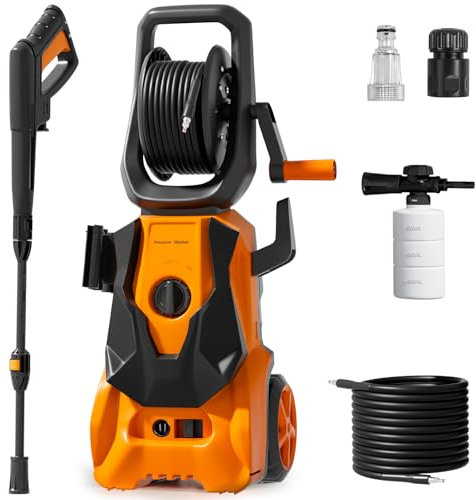 Pressure Washers 1800W,140Bar, Jet Washers Pressure Washers with Hose Reel Adjustable Nozzles & Foam Tank Power Cord, Power Washer for Yard, Cars, Garden, Furniture.