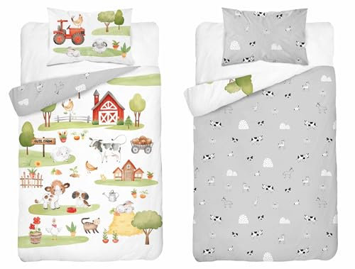 Detexpol Kinder Bettwäsche Set Farm Motiv, 100 x 135 cm Bettbezug, 40 x 60 cm Kissenbezug, 100% Baumwolle, Bauernhof Design, Ökotex (Grau)
