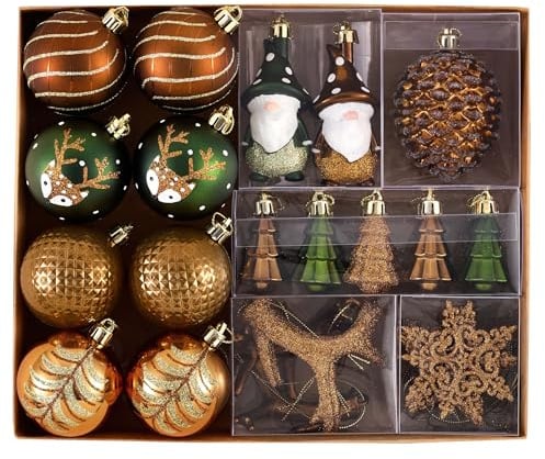 Valery Madelyn Weihnachtskugeln Set, 40pcs Christbaumkugeln Kunststoff Weihnachtskugel Bronze Weihnachtsdeko mit Geschenkpaket Aufhänger Weihnachtsbaumschmuck Waldland Thema(Bronze Grün)