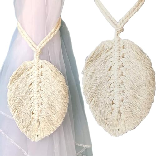 2 Stück Raffhalter Boho Vorhanghalter Blätter Baumwolle Makramee Gardinenhalter Vorhang Zugband Gardine Beige Baumwollseil Holdbacks Tiebacks Clips Feder Seilhalter (2 Stück), Weiß, 14.5*12CM