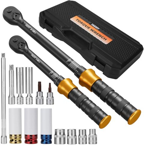 TAGVIT Clé Dynamométrique 1/2 & 3/8, 15 Pièces 5-60Nm, 20-220Nm Kit D'entretien, Précision ±3% avec Extension, Pneus Protection Douilles, Douilles à Bougie, Torx, Douilles pour Vélo, Autos et Motos