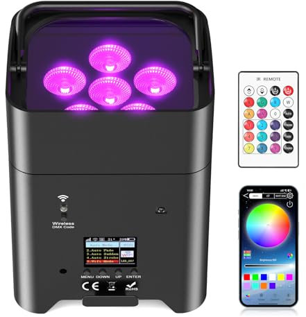 Glowingstage LED Par Akku, 108W 6 in 1 RGBWA+UV Bühnenlicht mit 9600mAh, APP Kontrolle, LED Strahler Akku mit DMX und Fernbedienung für Party, Club, Bar, Halloween, Weihnachten