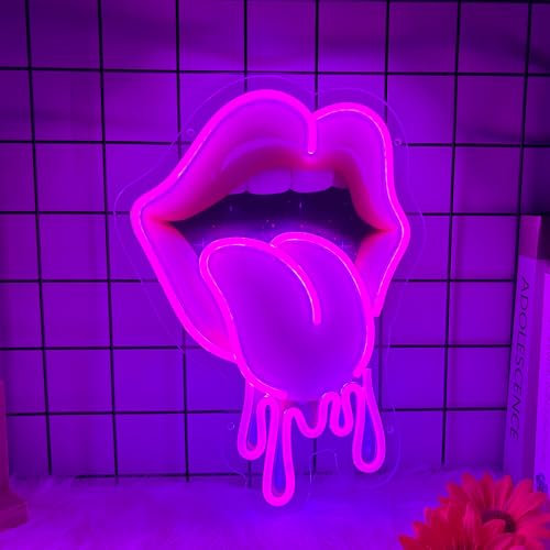 Lips Tongue Neon Sign, Lips Neon Signs for Wall Decor, Tongue LED Sign for Valentines Day Gift, USB Powered Dimmable Neon Light for Home, Bedroom, Party, Wedding Decor