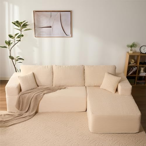 Litbird 272cm L-Shaped Boneless Sofa, Corduroy Fabric, White | No Assembly Required, Deep Seat Design, Soft Corduroy Upholstery, Flexible Modular Layout