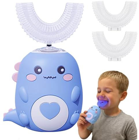 Spazzolino da denti elettrico a 360º per bambini, spazzolino da denti elettrico con 2 testine in silicone a forma di U, ricaricabile e impermeabile, per casa, viaggi, uso (blu 6-12 anni)