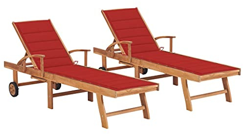 HaoChrymec Tumbonas de Jardín 2 Unidades, Madera de Teca Maciza con Cojines, Respaldo Ajustable 4 Posiciones y Ruedas, para Piscina, Playa o Camping, Color Rojo, 195 x 59.5 cm