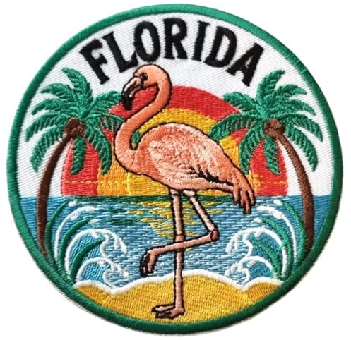 Florida-Aufnäher, bestickt, zum Aufbügeln oder Aufnähen (8,9 cm), Reise, Amerika, USA, Souvenir, Flamingo-Emblem, Geschenkflicken