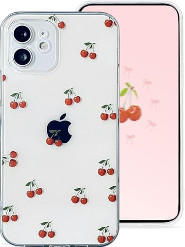 Draamvol for iPhone 12 Case, Clear Cute Cherry Pattern Slim Soft TPU Shockproof Phone Case Transparent Anti-Yellowing Protective Cover for Women Girls, Cherry