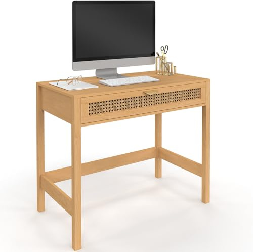 IDMarket - Schreibtisch 1 Schublade EDHEN Holz und Rohrgeflecht