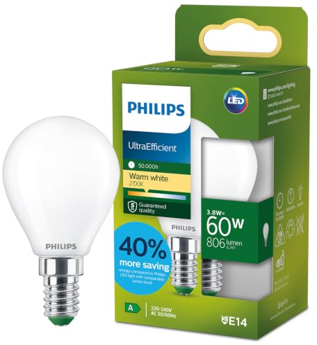 Philips LED UltraEfficient Frosted P45 Glühbirne, E14 kleiner Edison-Schraubverschluss, Energieklasse A, 806 lm, entspricht 60 W, warmweiß (2700 K), EyeComfort, 50.000 Stunden, 1 Packung