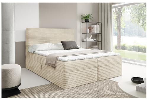 MEBLINI Boxspringbett mit Bettkasten - 180x200 - H4/Beige Cordstoff - Talia - Gepolstert Doppelbett mit Matratze und Topper - Polsterbett mit Stauraum - Bett mit Kopfteil - Stauraumbett