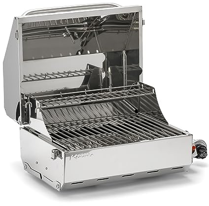 Camco Kuuma Stow N'Go 216 Elite Propan-Grill, mit eingebautem Thermometer und Druckknopf-Zünder, inkl. ausklappbaren Beinen und abnehmbarem Warmhalterost, Verwendung als Campingkocher und mehr (58155)