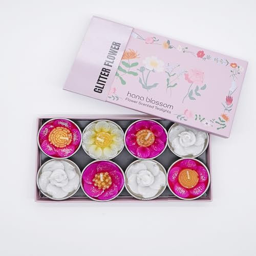 Hana Blossom Coffret Cadeau avec 8 Bougies Chauffe-Plat en Forme de Fleurs Fabriquées à la Main Issues du Commerce équitable Parfumée et avec Paillettes Plusieurs Formes et Couleurs