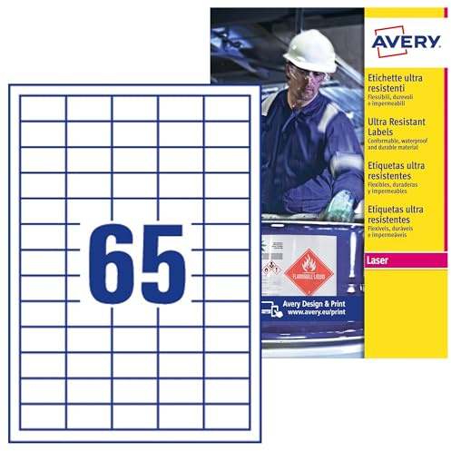 Avery B7651-50 Extra Strong Adhesive, Ultra Heavy Duty Industrial Waterproof GHS Labels, 65 Labels Per A4 Sheet, White,210 x 297 mm