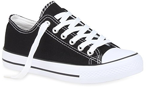 stiefelparadies Damen Sneaker Low Sport Freizeit Sneakers Denim Stoff Schnürer Schnür Bequem Flats Damen Übergrößen Schuhe 106043 Schwarz 36 Flandell
