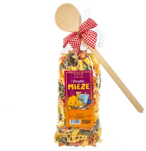 Bull & Bear bunte Katzen Nudeln, 250g, Motivnudeln aus Hartweizengrieß, handgefertigt in deutscher Manufaktur, Pasta Geschenk, inkl. Holzlöffel