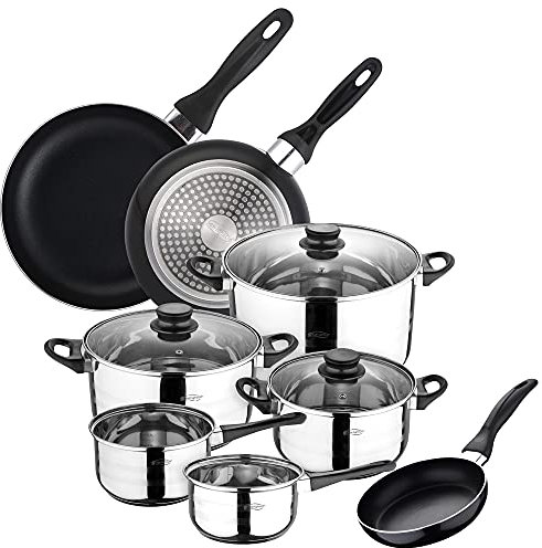Batería de cocina SIP 8 piezas (dos cazos + tres ollas con tapa de vidrio) con Set de 3 sartenes Ø16/20/24 cms., inducción