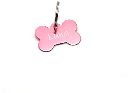 CopterFarm Hundeknochen, Haustier, Hundemarke mit Gravur beidseitig inkl. Schlüsselring | Knochen | Anhänger, ID Tag Hund, Adressschild, Adressmarke, Adressanhänger für Hundehalsband | Pink