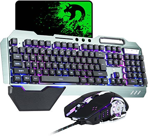 Wired Gaming Keyboard and Mouse Combo Set, Gray Alloy Panel, 16 LED RGB Backlit with Removable Wrist Rest, 26 Keys Anti-Ghosting, Mechanical Feeling 3200DPI LED Breathing Backlit Gaming Mouse- Black