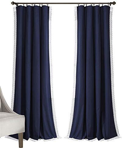 Lush Decor Rosalie Fenstervorhang-Set, lichtfilternd, Vintage-Stil, Landhaus- und französischer Landhausstil, zeitlos, verträumter Faltenwurf, romantischer Spitzenbesatz, 137,2 x 304,8 cm, Marineblau
