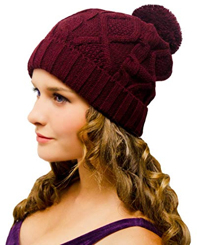 Burgundy Bommelmütze Damenmütze Herrenmütze Winter Wolle - Mütze mit Bommel Damen Herren - Strickmütze Beanie Frauen Männer Mädchen Jungen Jugendliche Lang - Feinstrick Wintermütze Wollmütze - Fashion